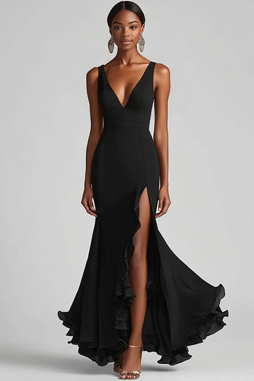 Black Mermaid V Neck Ruffled Evening Dress with Slit